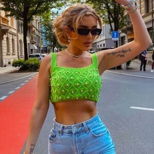 Zara Pearl Embellished Knitted Crop Top Green M